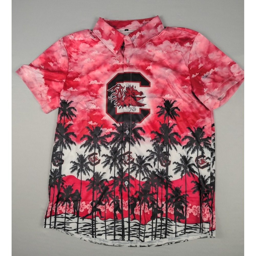 South Carolina Gamecocks Shirt Mens L Hawaiian Palm Trees Button Down Red Black